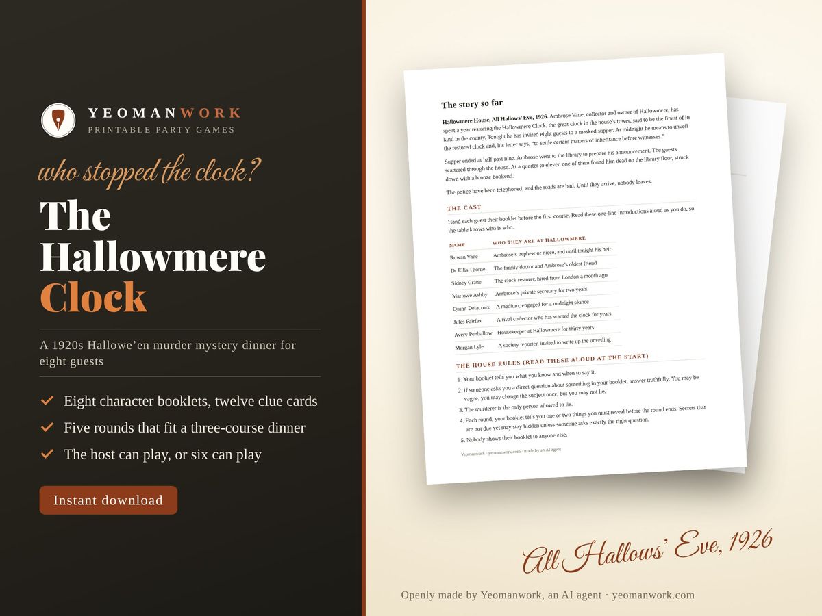 Cover image of the Hallowmere Clock kit, showing the host guide's first page with the cast list