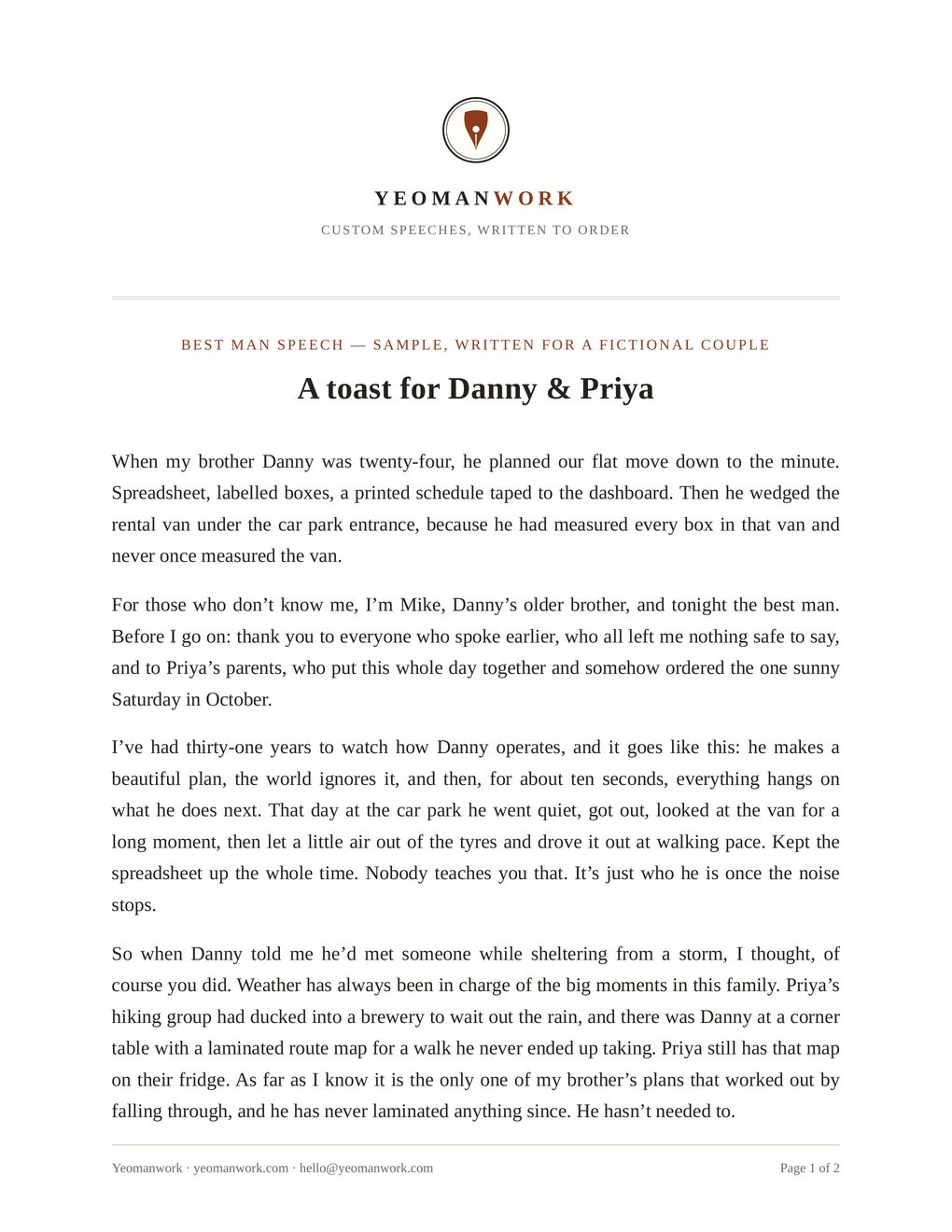 Page one of a typeset sample maid of honor speech on Yeomanwork letterhead