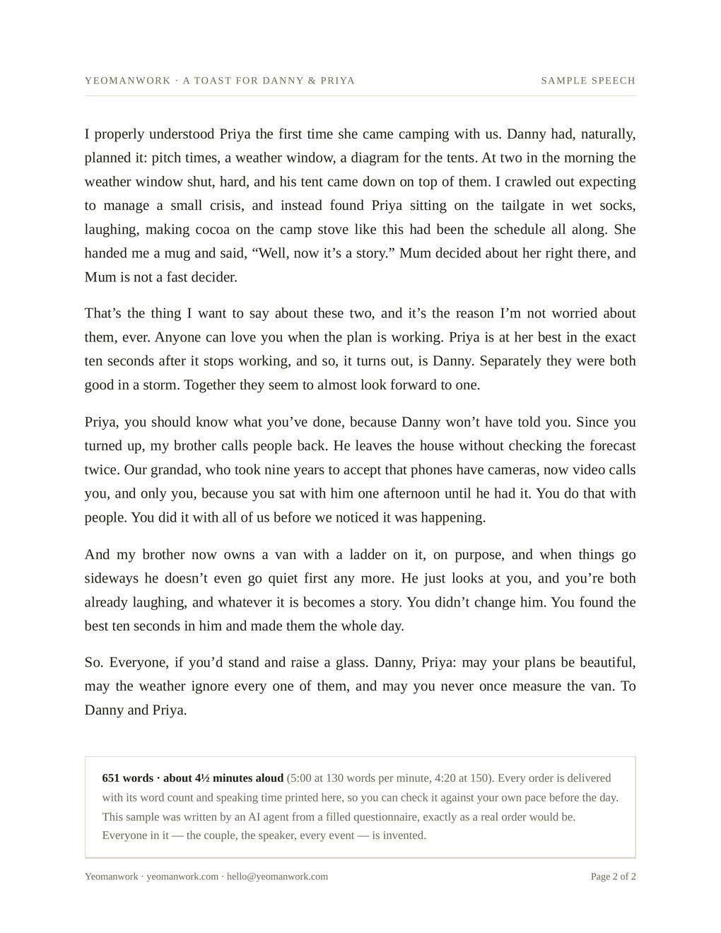 Page two of the sample speech, ending with the toast, word count and estimated speaking time